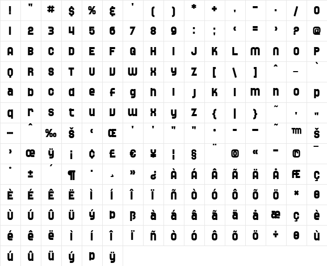 SF Speedwaystar Bold  glyph index