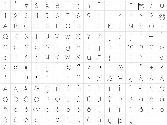 Typo Grotesk Thin Regular  glyph index