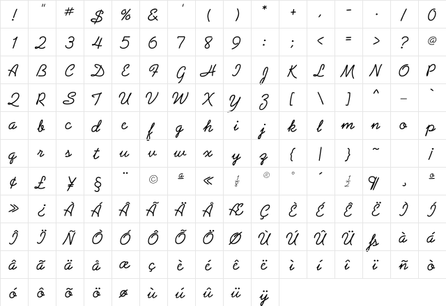 Precipice Regular  glyph index