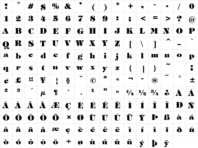 Jewel Bold  glyph index