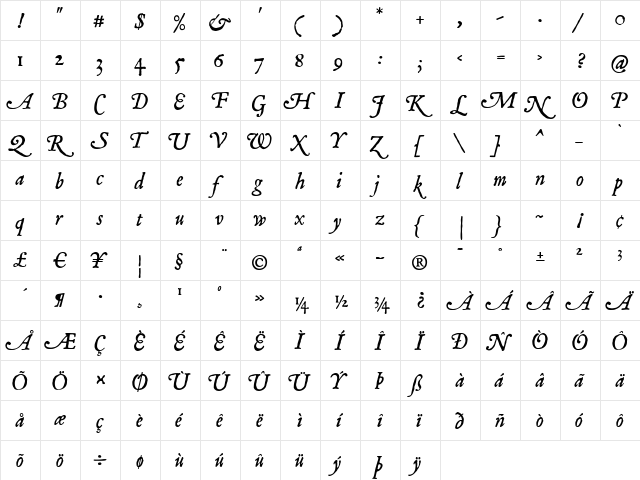 Mayflower Italic Regular  glyph index