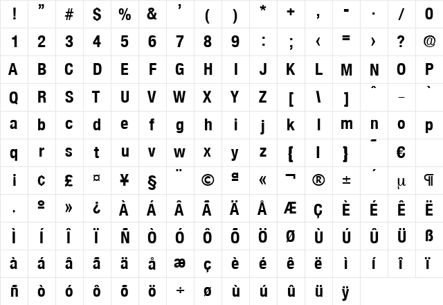 Olnova-BoldCond Regular  glyph index
