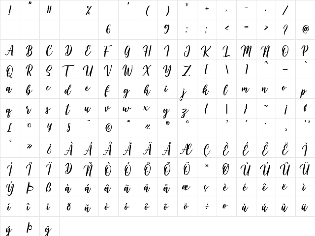 Wishper Script Regular  glyph index