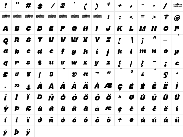 Stinger Trial Heavy Italic  glyph index