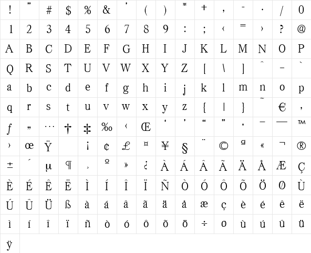 Casad-Light Regular  glyph index