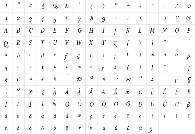 MrsEavesItalic Regular  glyph index