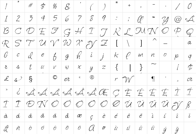 MaryHelenJF Regular  glyph index
