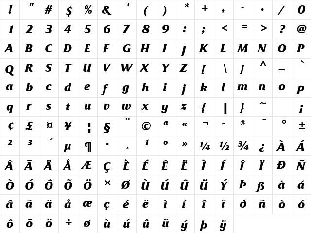 Friz Quadrata Com Bold Italic  glyph index