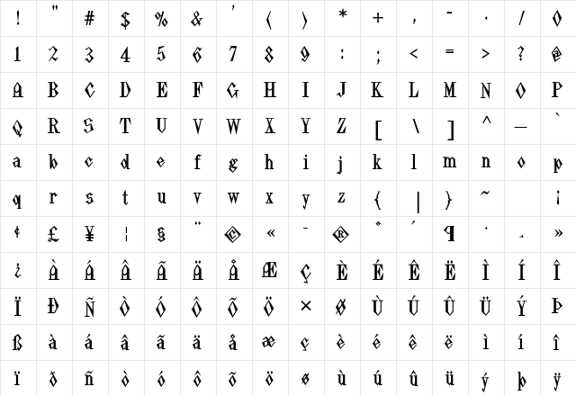 Pasdecourbe Bold  glyph index