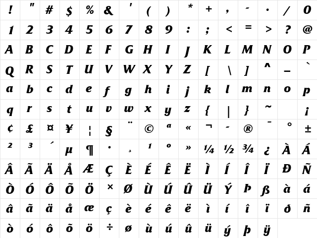 Friz Quadrata Std Bold Italic  glyph index