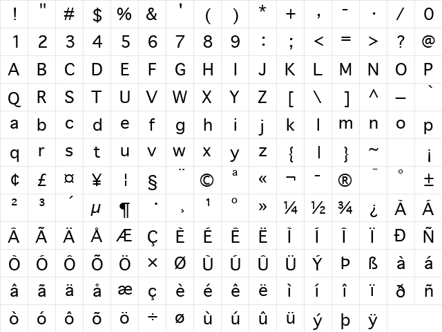 Geneva Regular  glyph index