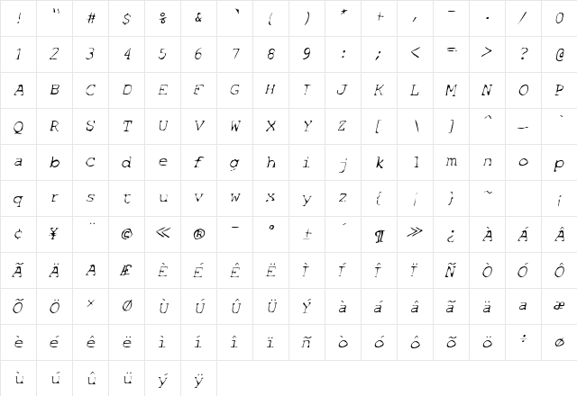 SF Espionage Light Oblique  glyph index