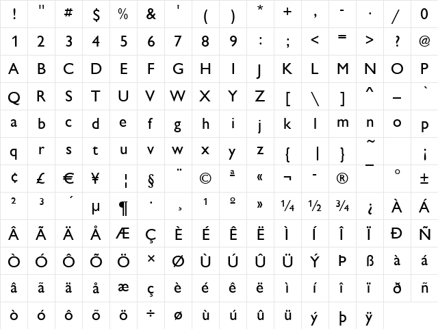 Chantilly-Medium Regular  glyph index