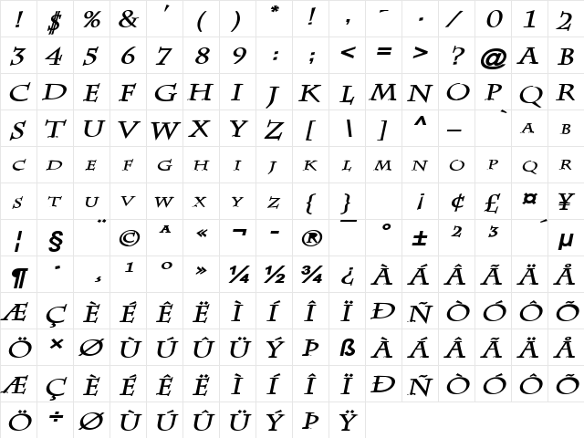 Chaz Wide BoldItalic  glyph index
