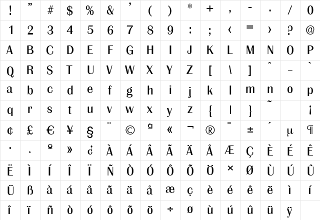 GrenobleSerial Regular  glyph index