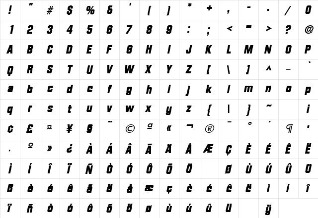 DiamanteLH Bold Italic  glyph index