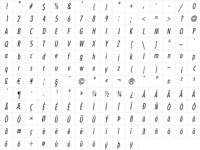 Futura LT CondensedLightObl  glyph index