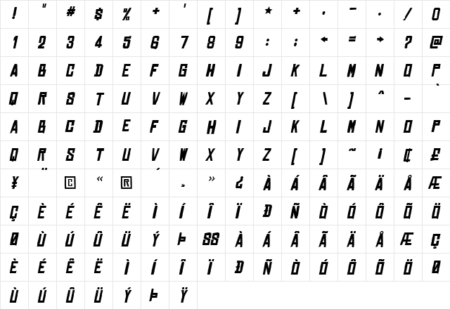 Chinese Rocks Bold Italic  glyph index