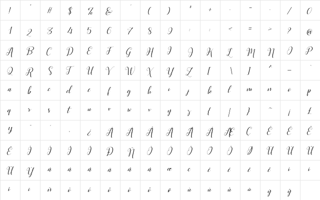 Scarlett Script Slant  glyph index