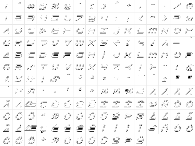 8th Element 3D Italic Italic  glyph index
