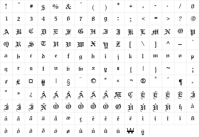 Old World Regular  glyph index