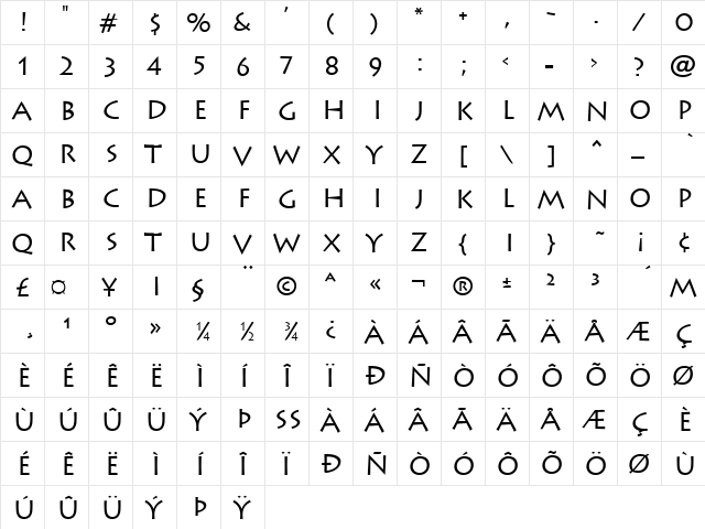 Lithograph Regular  glyph index