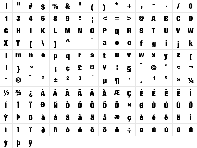 Helvetica Neue LT Std 107 Extra Black Condensed  glyph index