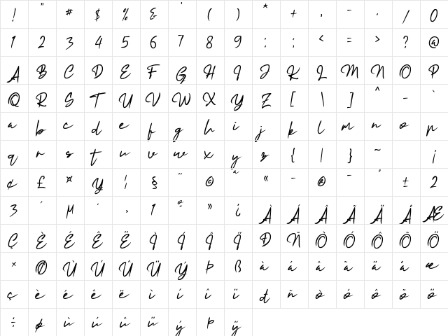 Masquero Regular  glyph index