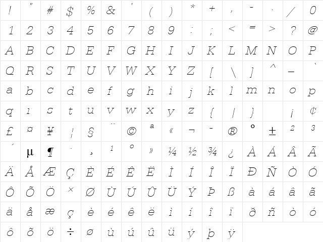 URWEgyptienneTExtLigWid Oblique  glyph index