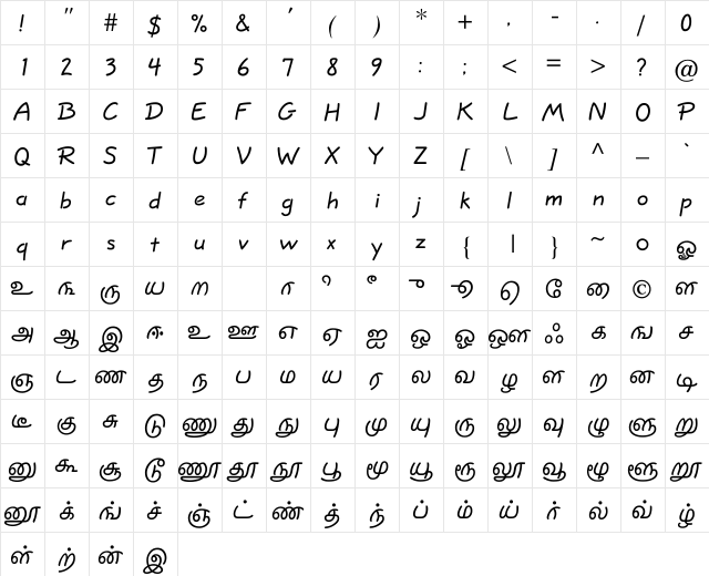 TSCComic Normal  glyph index