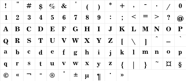 JournalC Bold  glyph index