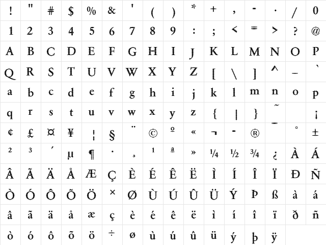 DTCGaramondM38 Regular  glyph index