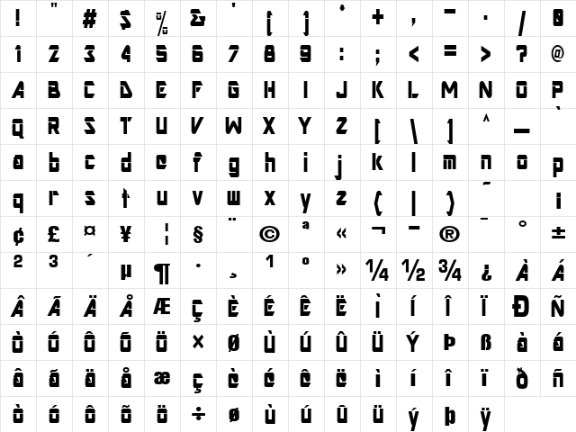 Art Regular  glyph index