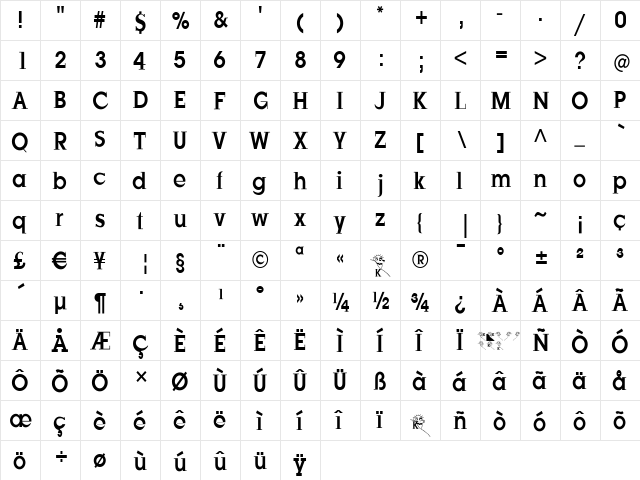 JustOldFashion-Condensed Regular  glyph index
