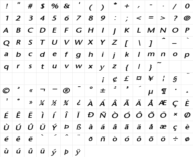 Optimist Extended Bold Italic  glyph index