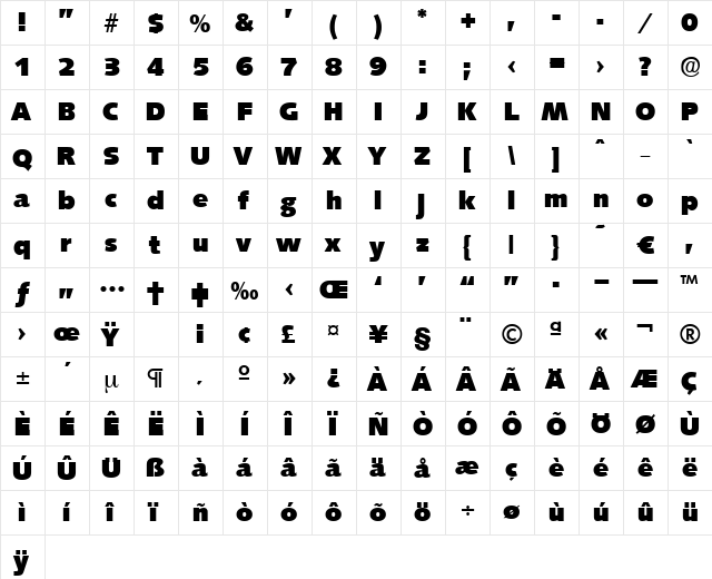 Saxony-Heavy Regular  glyph index