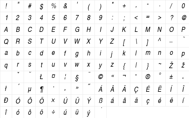 NimbusSanLEECon Italic  glyph index