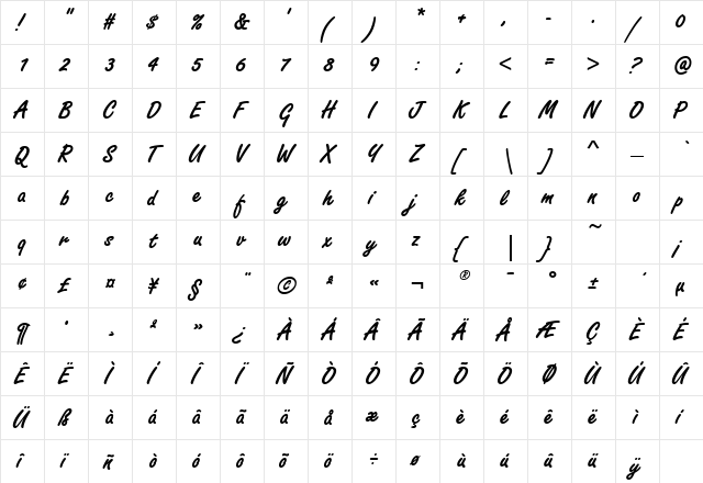 Freestyle Script EF Bold Regular  glyph index