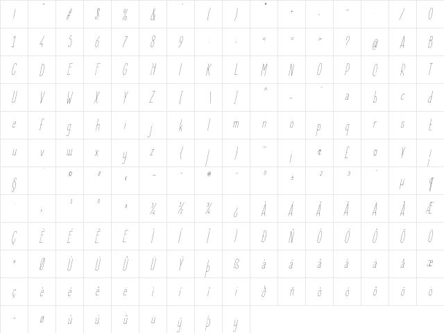 Elegant Sans Thin Italic  glyph index