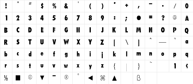 RAQUEL Regular  glyph index