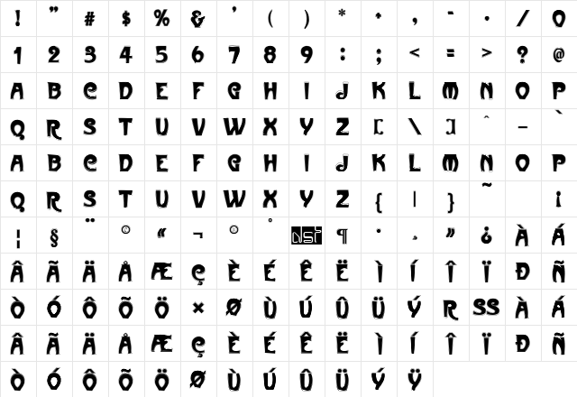 Metropolitain Contour Regular  glyph index