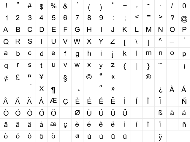 Dallas Regular  glyph index