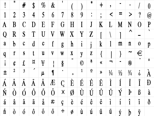 DukeCondensed Bold  glyph index