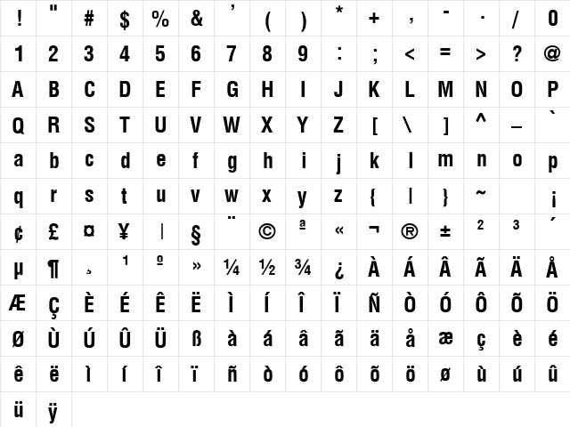 Switzerland Condensed Bold  glyph index