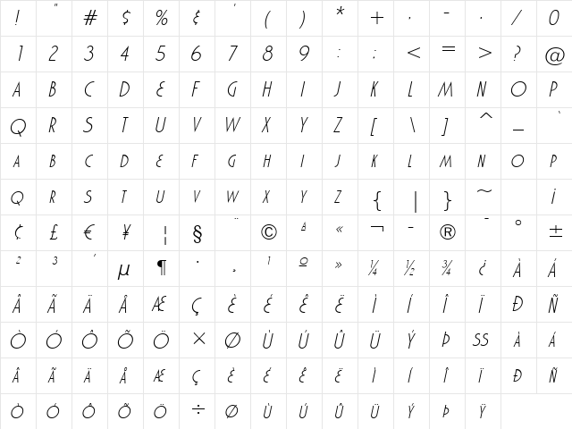 Marquisette BTN Light Oblique  glyph index