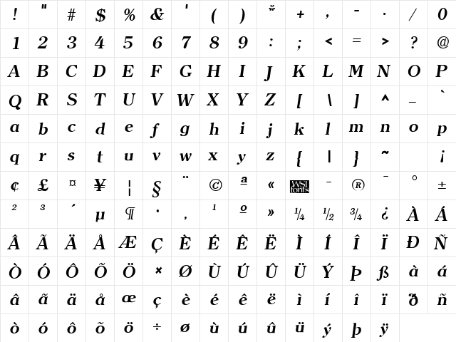 ClearlyRoman Bold Italic  glyph index