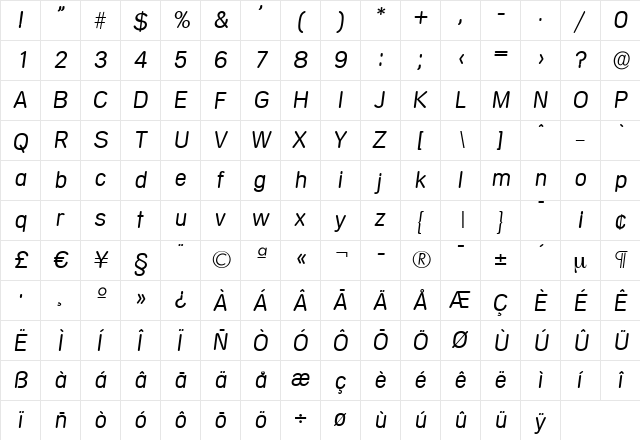 AndreasBecker-Light Italic  glyph index