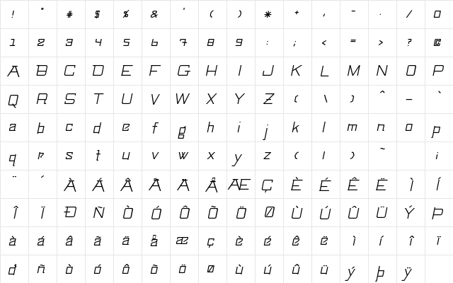 SwingarmYori-LightItalic Regular  glyph index