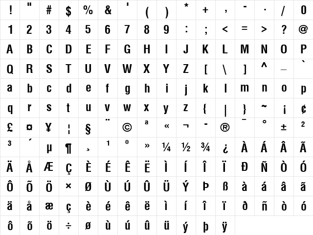 Helvetica Condensed Bold  glyph index