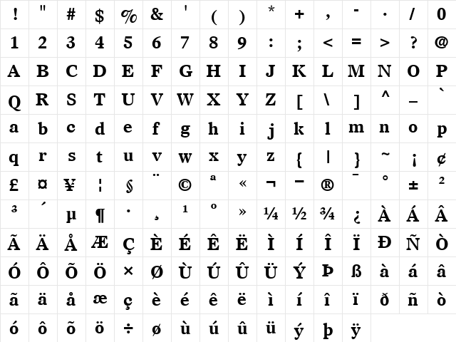 Olympian Bold  glyph index